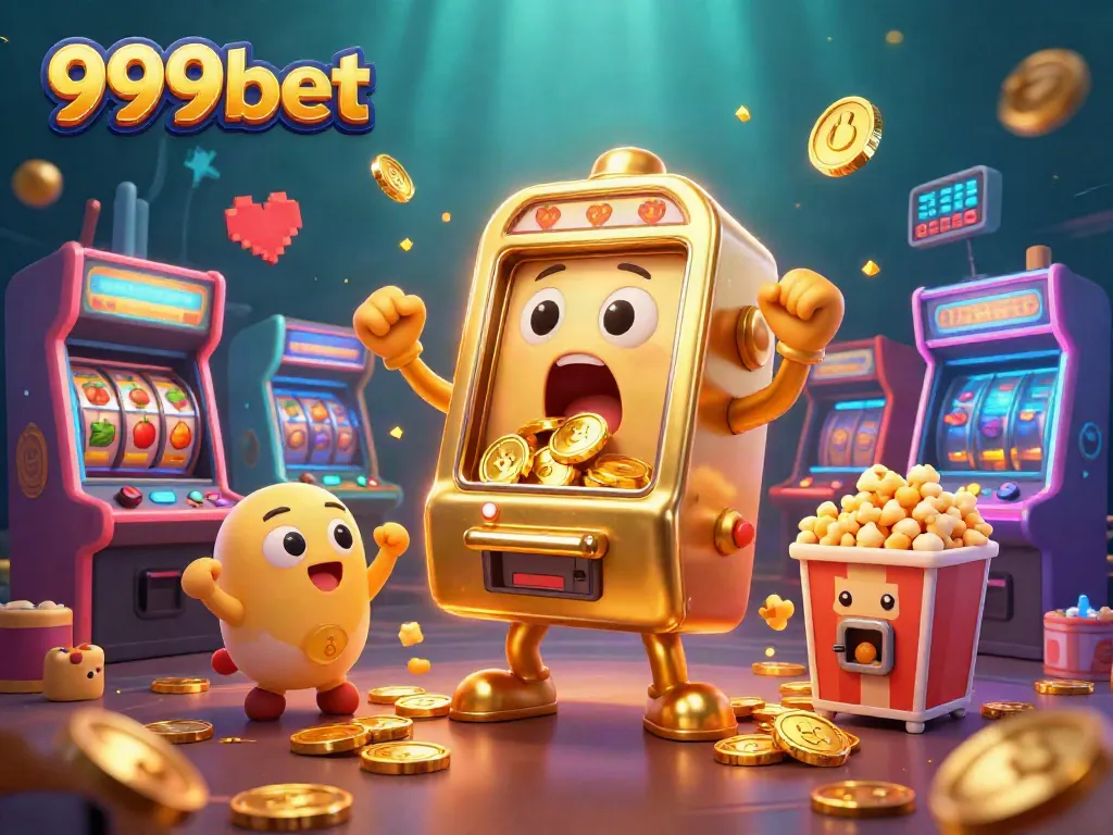 Experience the excitement of 999bet as a golden slot machine wins a jackpot amidst colorful arcade elements.
