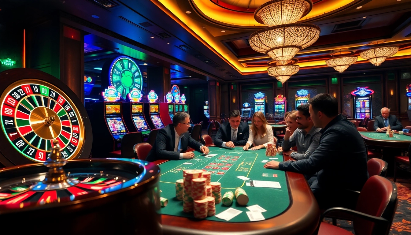 Players enjoying high-stakes games at 78win.id casino, featuring vibrant roulette and poker tables.