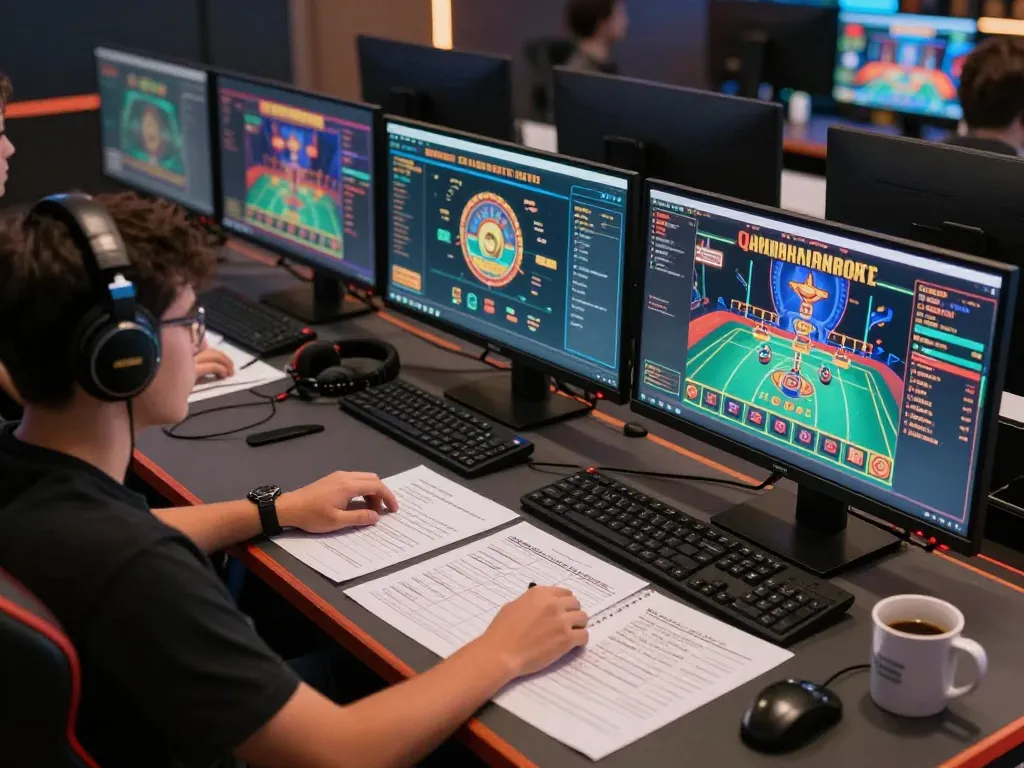 Player actively engaging in online casino games at hitclub-79 setup with multiple screens.