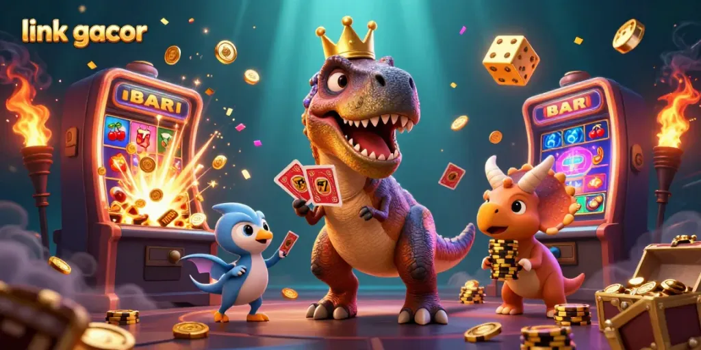Experience thrilling gameplay with link gacor in a rich, engaging casino scene featuring vibrant characters and jackpots.