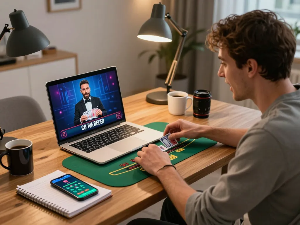 Engaging in live dealer blackjack at home, enhancing strategies with https://vk88.vc/ open on laptop.