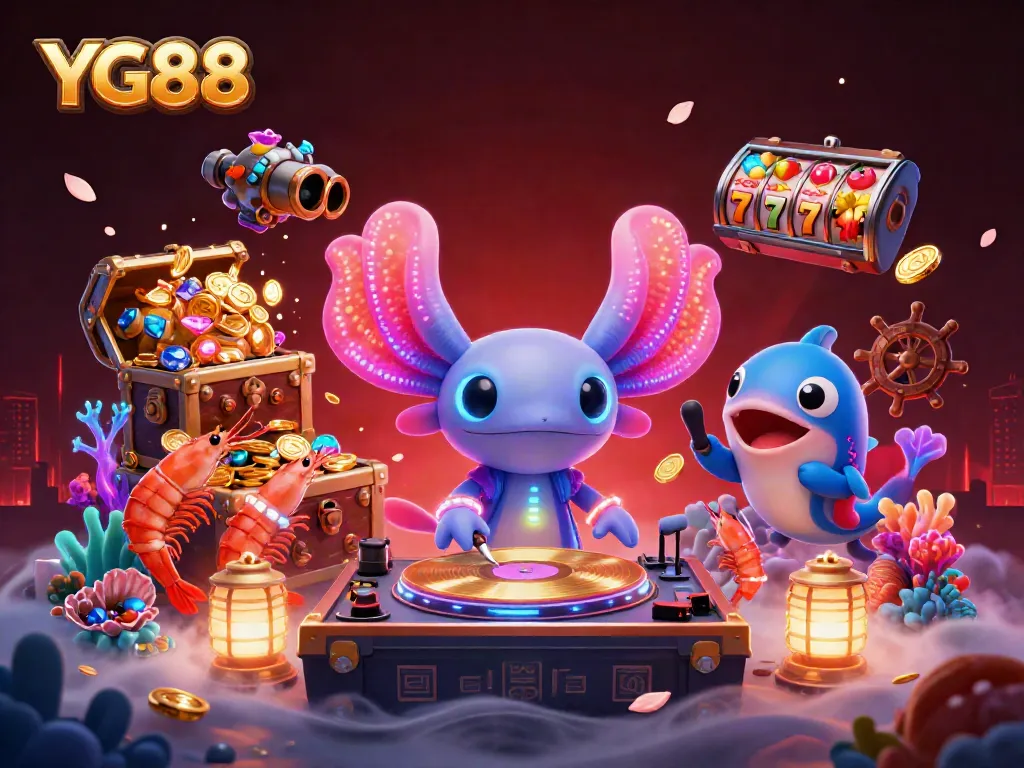 Experience vibrant YG88 casino action with neon axolotl DJ spinning, surrounded by floating slot reels and gold treasures.