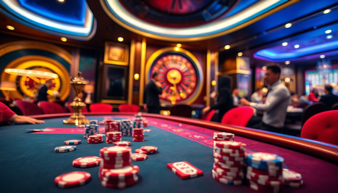 Experience the thrill of E2BET with a vibrant casino scene featuring poker chips and a roulette wheel.