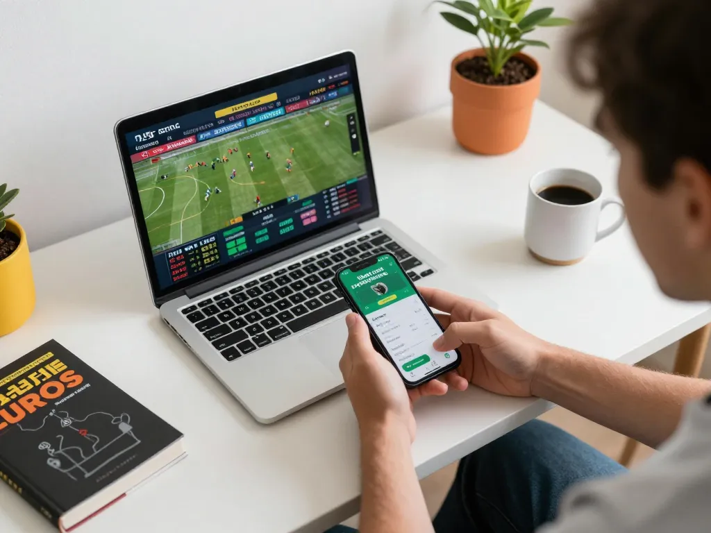 Betting action on debet com app while engaged in sports analysis at home desk