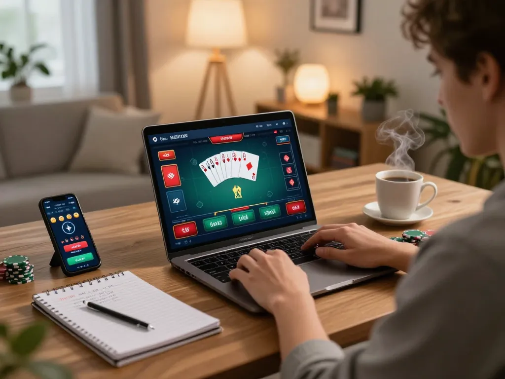 Engaged player using vin88sa for online poker strategies at home with warm lighting and detailed screen visual.