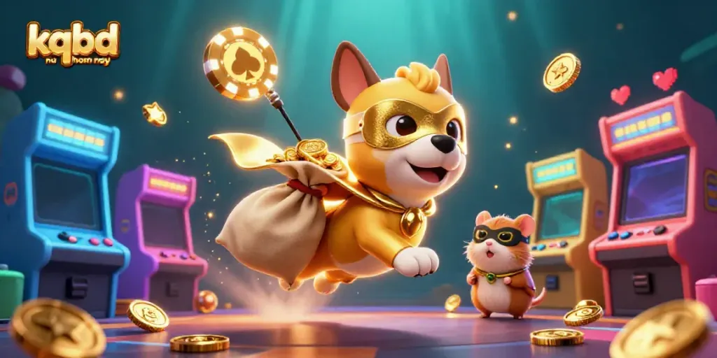 Experience kqbd nu hom nay with our vibrant cartoon scene featuring a superhero dog and colorful casino elements.