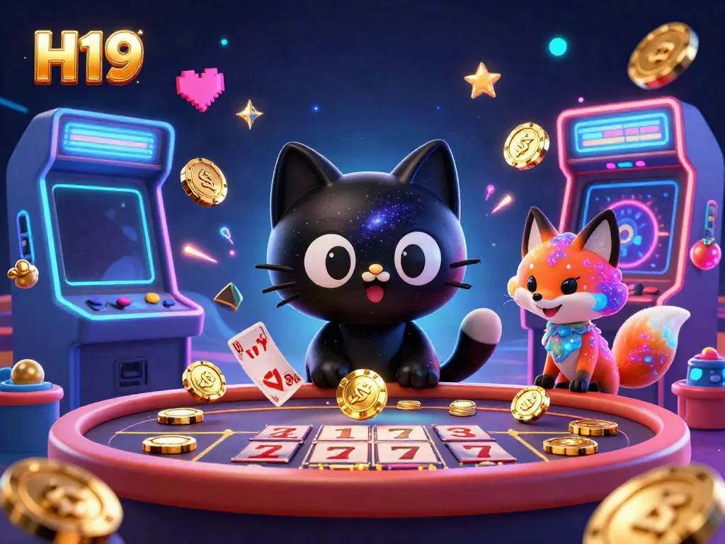 Experience H19’s cosmic gaming excitement with a black hole cat at a dynamic casino table, winning golden chips.