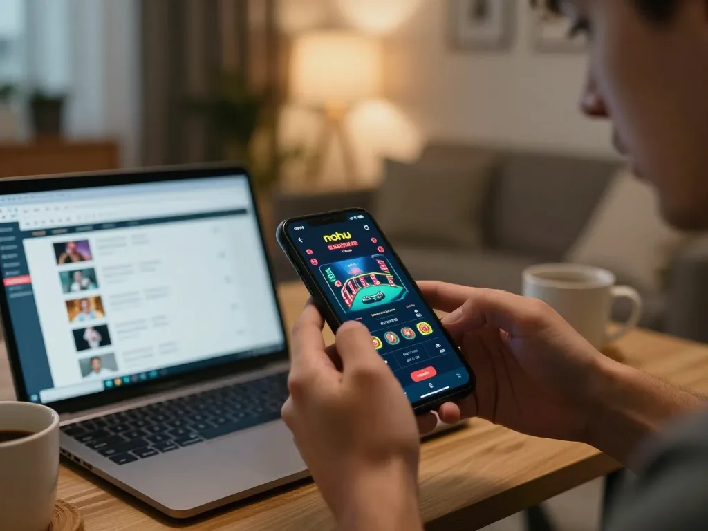 Nohu casino app displayed on smartphone during engaging online betting session at home