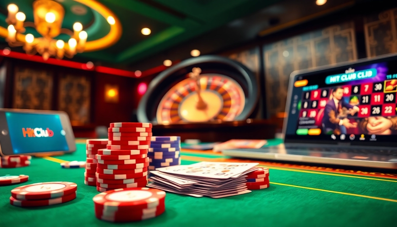Hit.Club app being showcased in an upscale casino scene with poker chips and cards