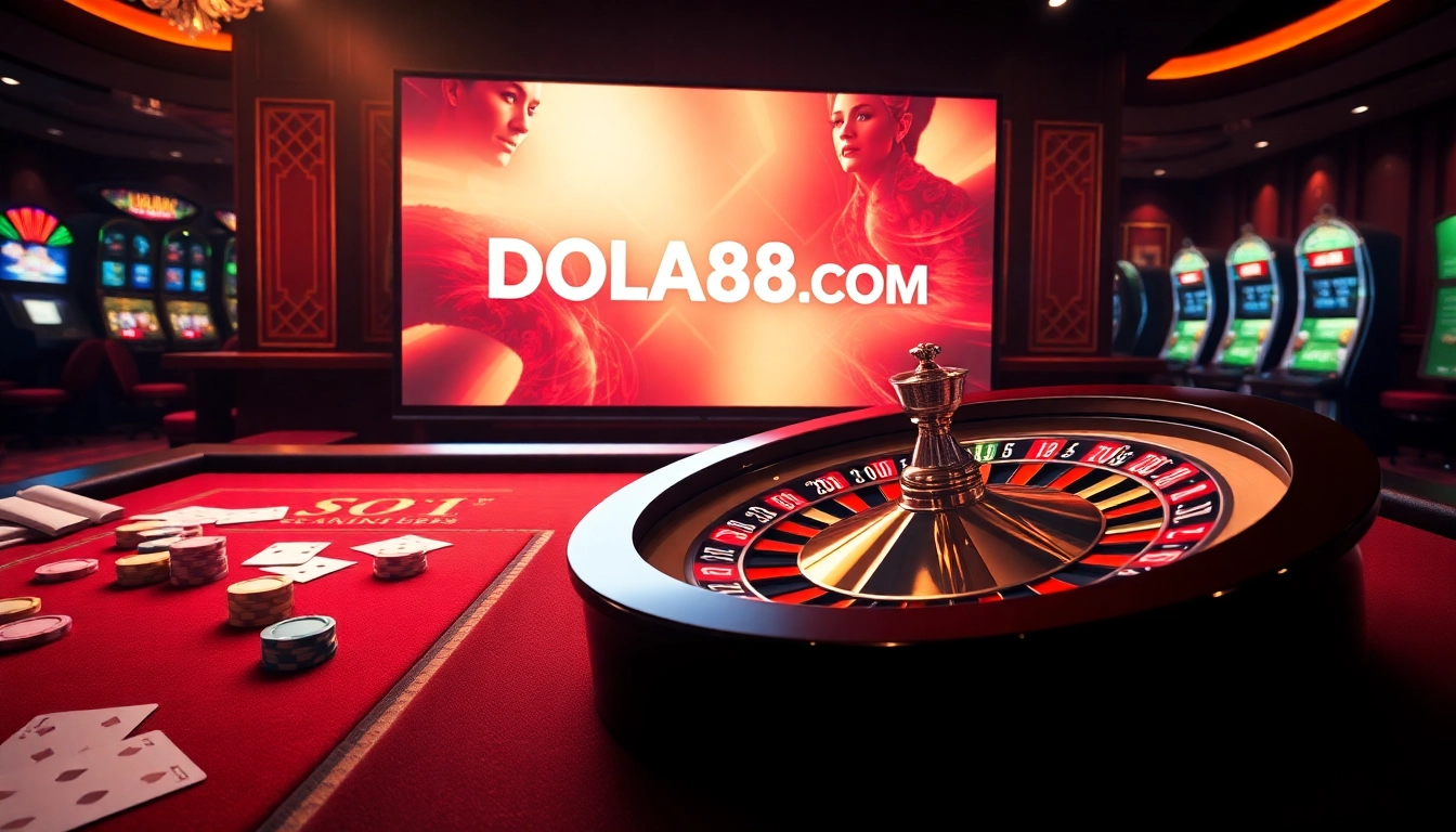 Experience thrilling gameplay at DOLA88 COM with engaging casino visuals, cards, and roulette wheels.