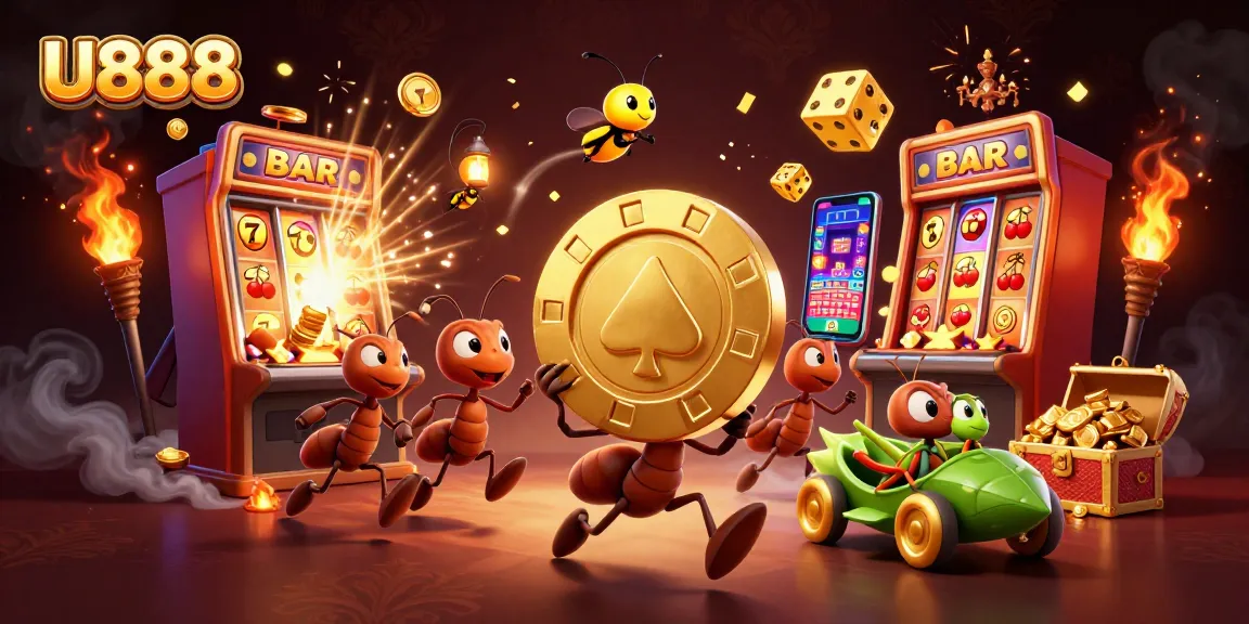 U888 ants heisting a giant poker chip amidst bursting jackpots in a vibrant casino.
