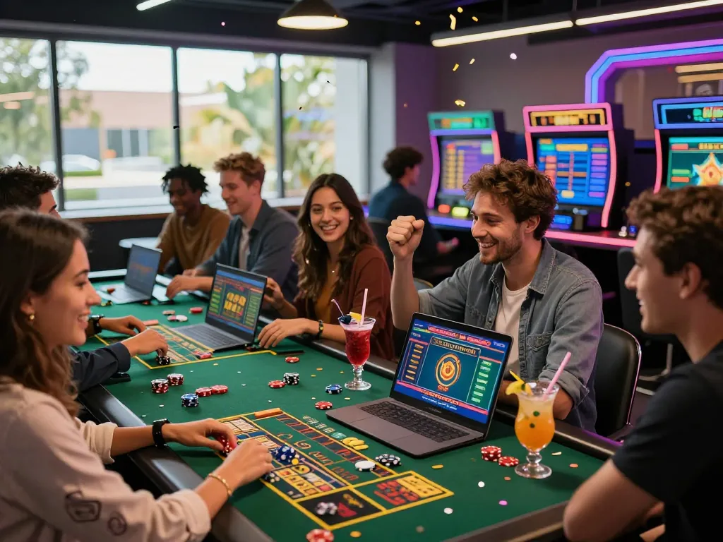 Engaging friends enjoying NK88 online casino games with vibrant atmosphere.