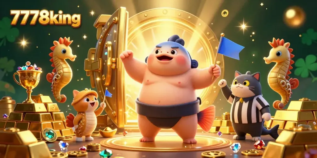 Experience the excitement of 7778king with a vibrant underwater casino scene featuring a puffed fugu and treasure elements.