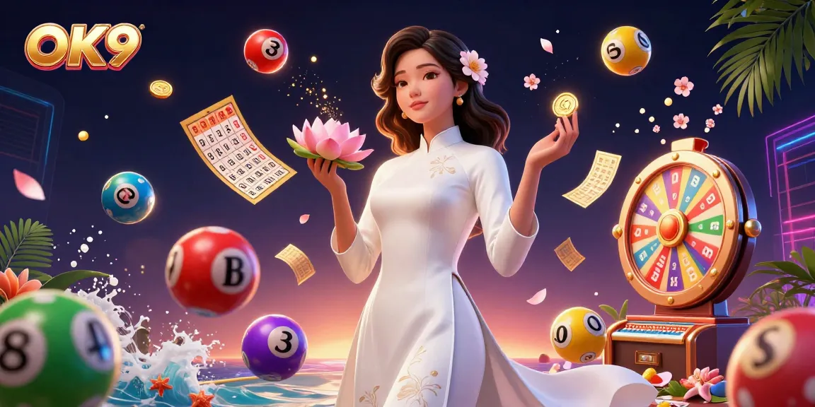 Capture the excitement at OK9 with vibrant lottery elements and a serene Asian figure, illustrating casino dynamism.