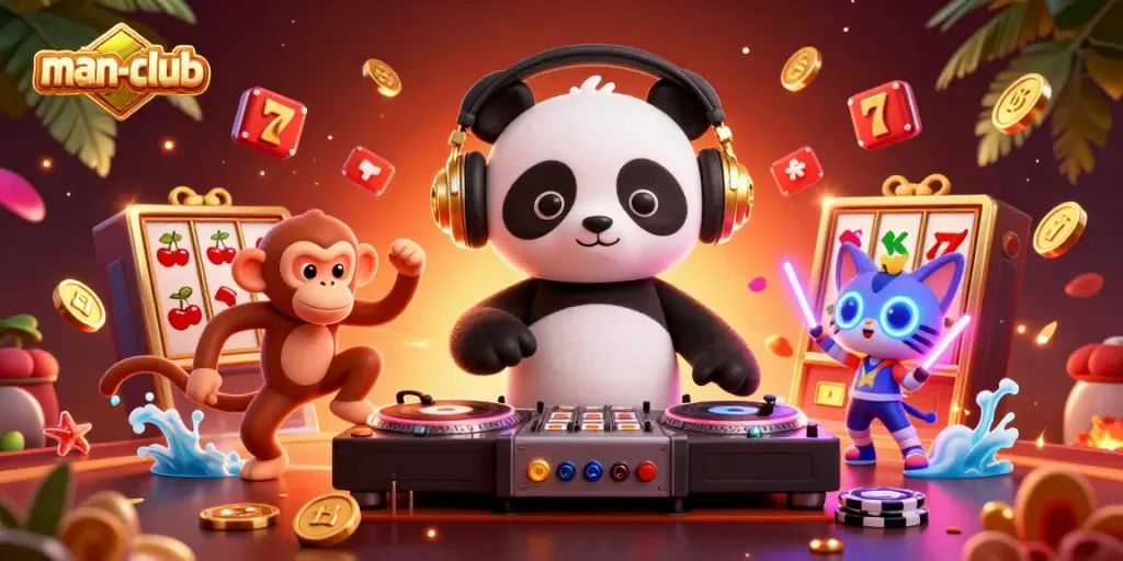 Experience thrilling fun at man-club with a DJ panda and lively gaming elements in a vibrant party scene.