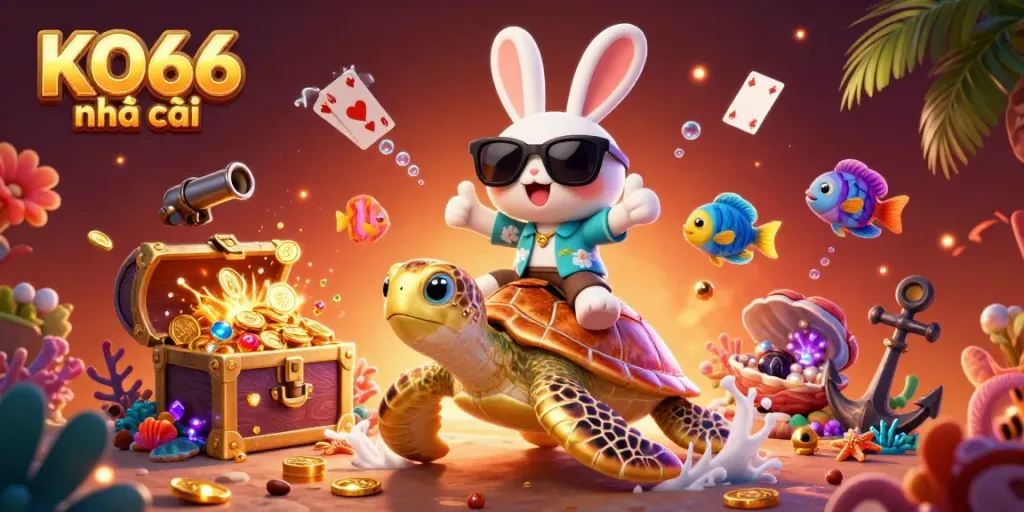 Engaging scene of KO66 nhà cái featuring a lucky rabbit and a golden turtle amidst casino-themed treasures in an underwater world.