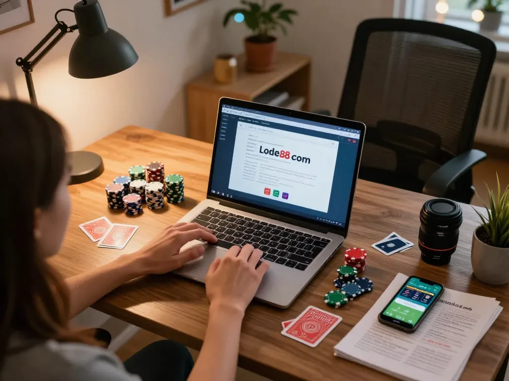 Engaged user exploring lode88 com betting strategies from modern home office setup