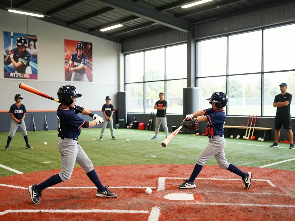 Hitclub baseball training scene with young athletes practicing hitting drills.