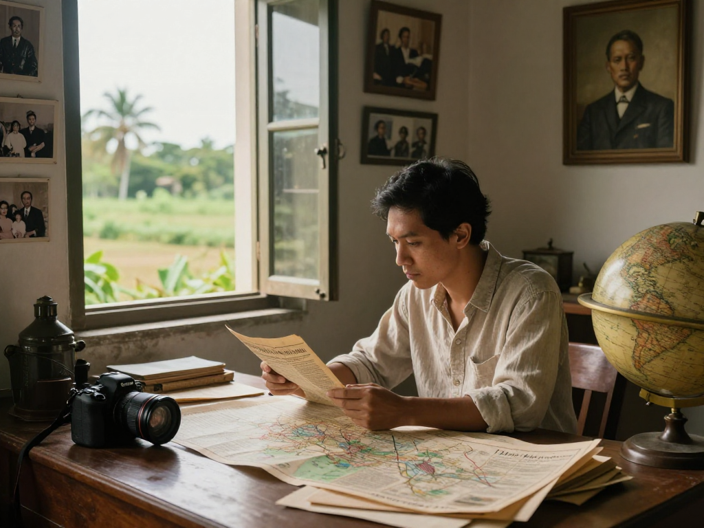 Researcher exploring the history of Dutch-Indonesian colonialism at rokok88 with artifacts and historical texts.