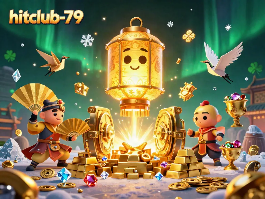 Experience the magic of hitclub-79 with a vibrant casino scene filled with golden treasures and lucky symbols.