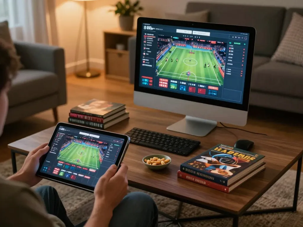 Engaging in online sports betting on vk88 platform from a cozy home setup, showcasing tablet interface.