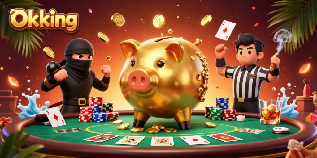 Experience thrilling casino action with the Okking themed illustration featuring a piggy bank sumo wrestler and card action.