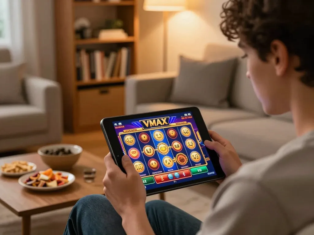 Engaging online gaming experience with Vmax slot machine on tablet, cozy atmosphere.