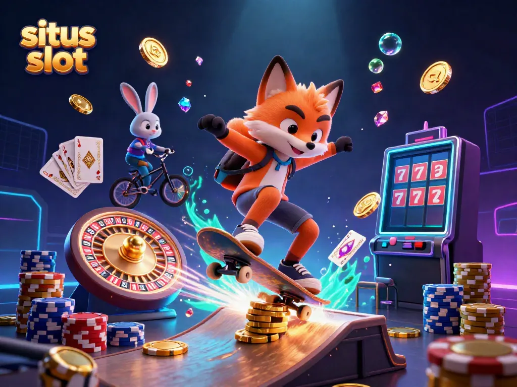 Engage in winning strategies at situs slot with a vibrant scene featuring a skateboarder fox and BMX-riding rabbit among casino elements.