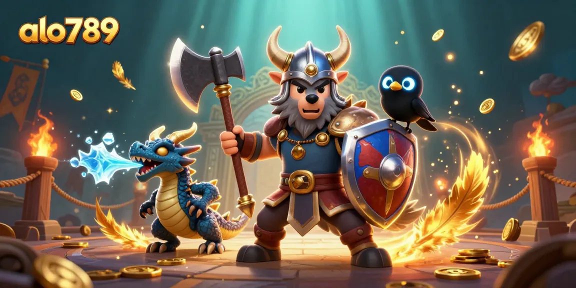 Alo789's Viking wolf warrior leads a fierce quest in an icy dragon realm, amidst gold coins and casino excitement.