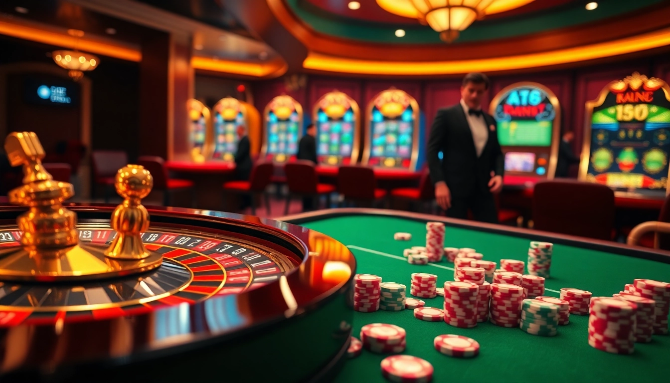Experience the thrill of RR88 as players engage with luxurious casino elements including roulette wheels and poker chips.