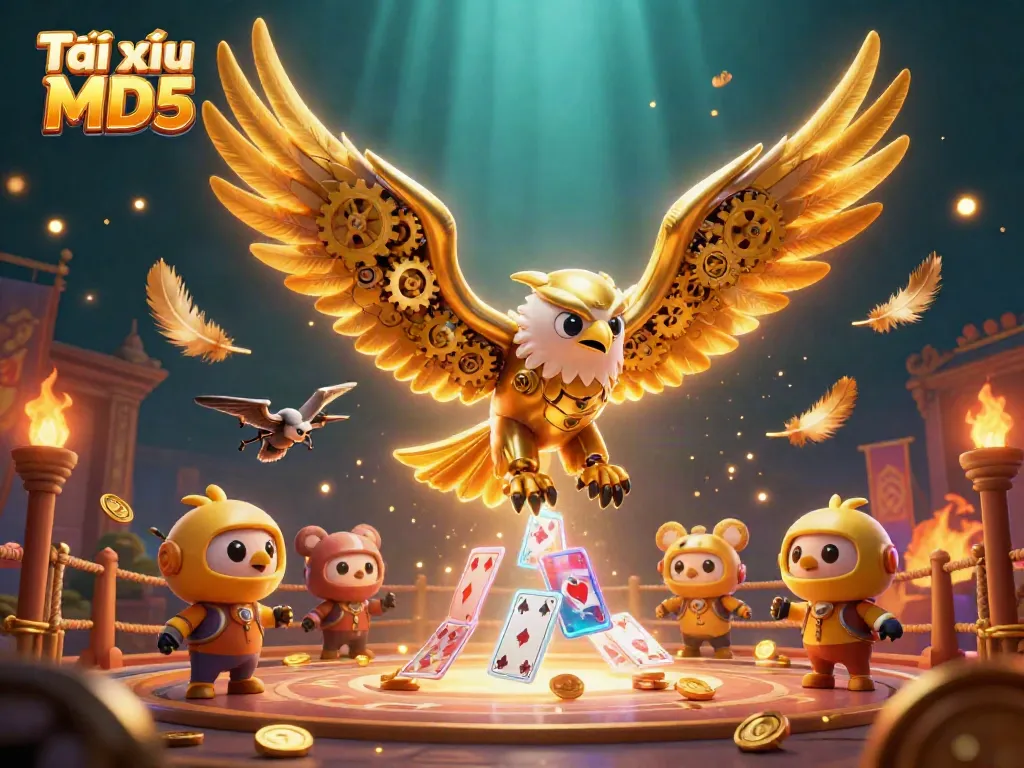 Tải xỉu MD5 showcases an eagle diving through holographic cards surrounded by betting tokens and dramatic effects.