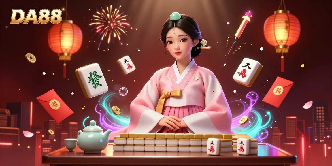 Engage in the DA88 casino experience with a serene Asian woman surrounded by mahjong tiles and festive decor.