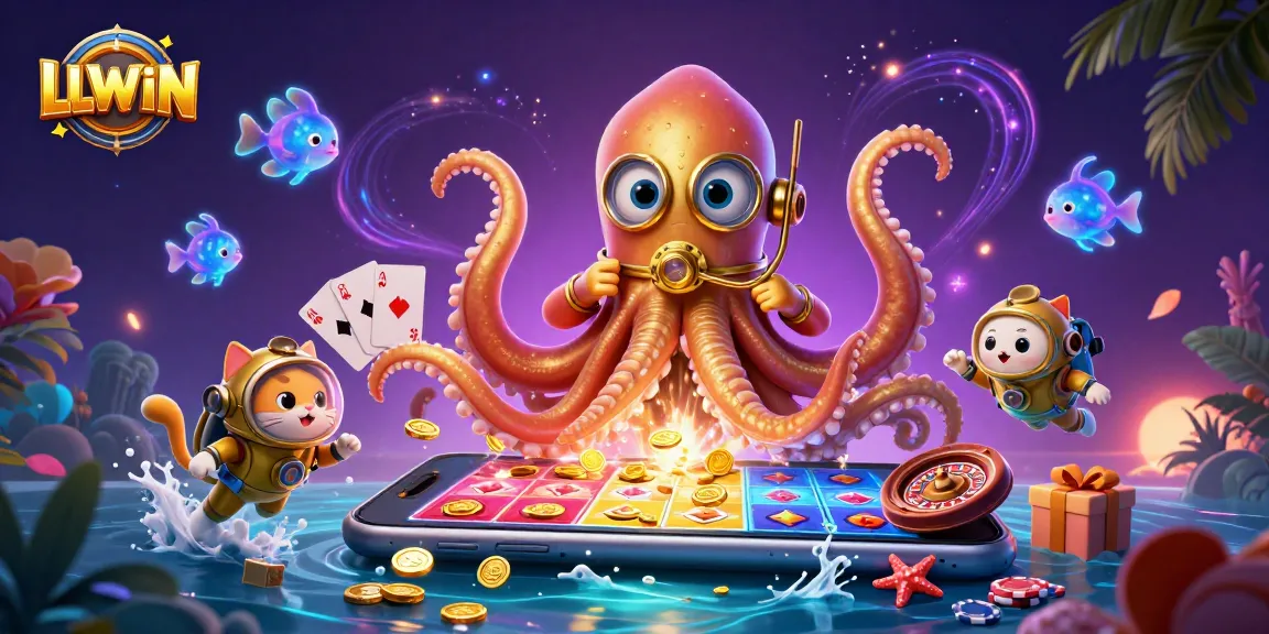Engage in thrilling gameplay at LLWIN with a vibrant 3D illustration featuring a kraken, diving cat, and casino elements.
