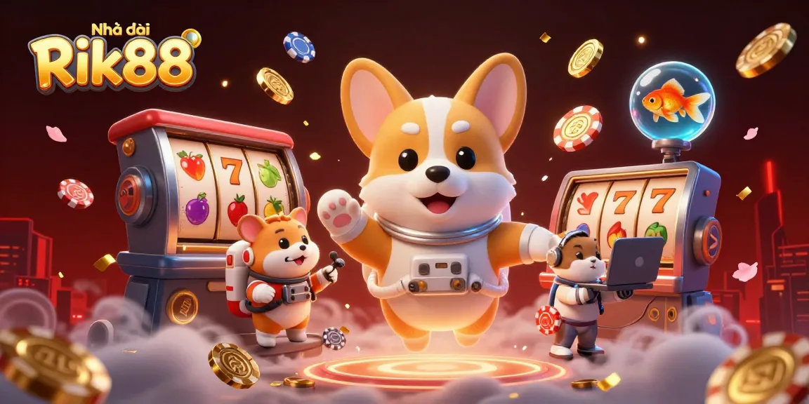 Engage with Nhà cái Rik88 through immersive gaming, featuring dynamic slots and floating coins in a vibrant casino.