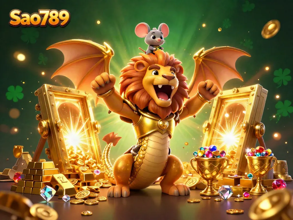 Sao789 captures the excitement of casino gaming with a roaring chimera and treasure galore.