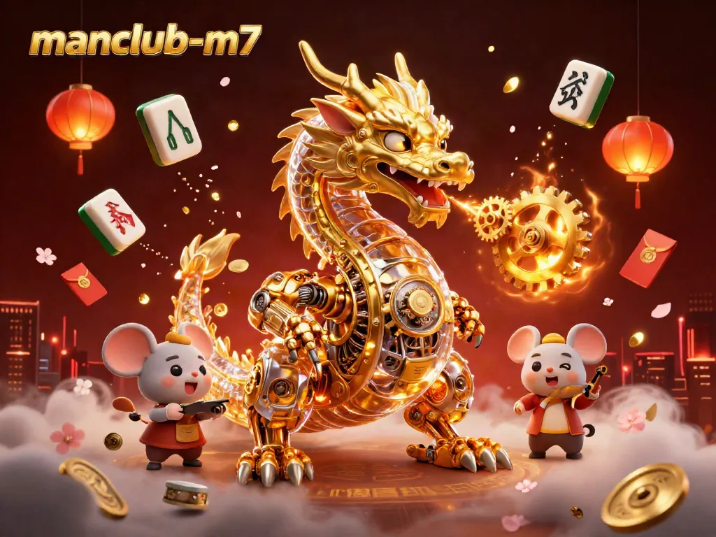 Experience the thrill of manclub-m7's casino adventures with a golden dragon and festive decorations.