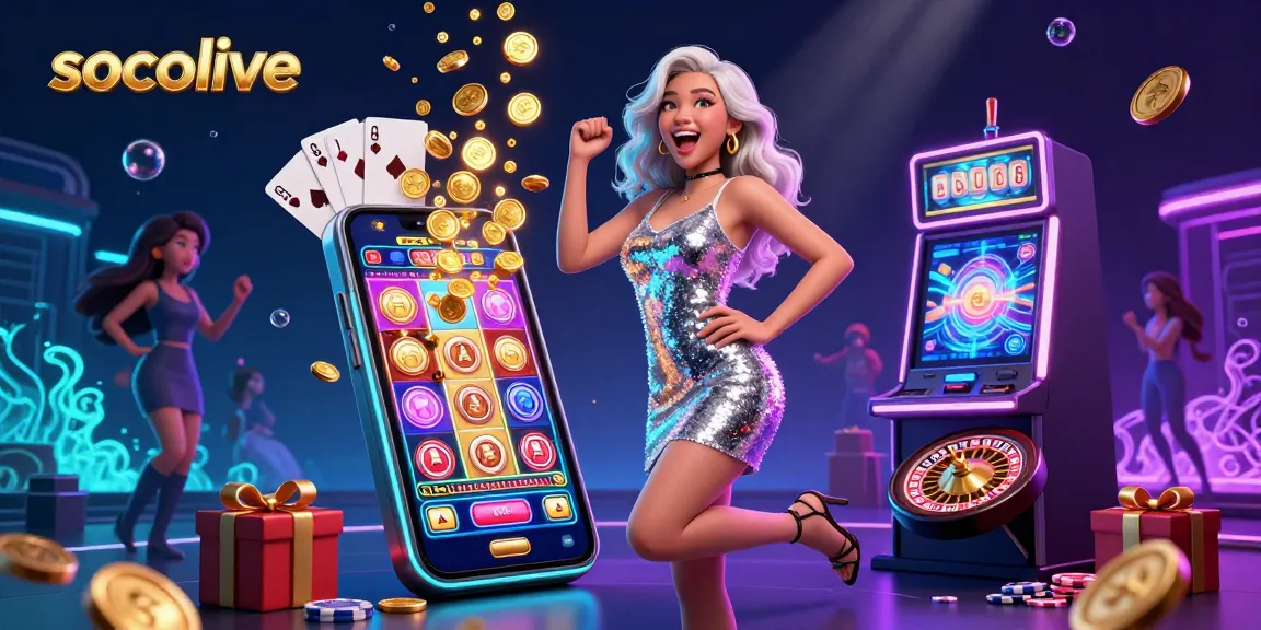 Socolive offers engaging gambling experiences in a vibrant illustration featuring slot machines and coins.