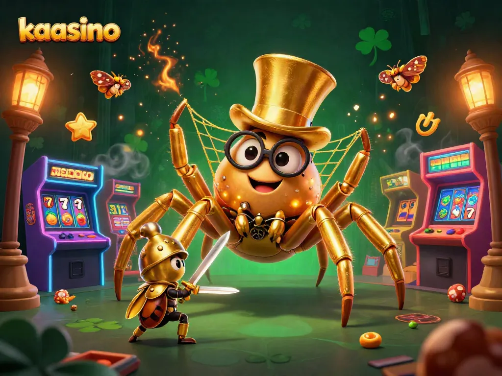 Kaasino showcases a dynamic 3D scene featuring a golden tarantula and beetle knight amidst colorful slot reels.