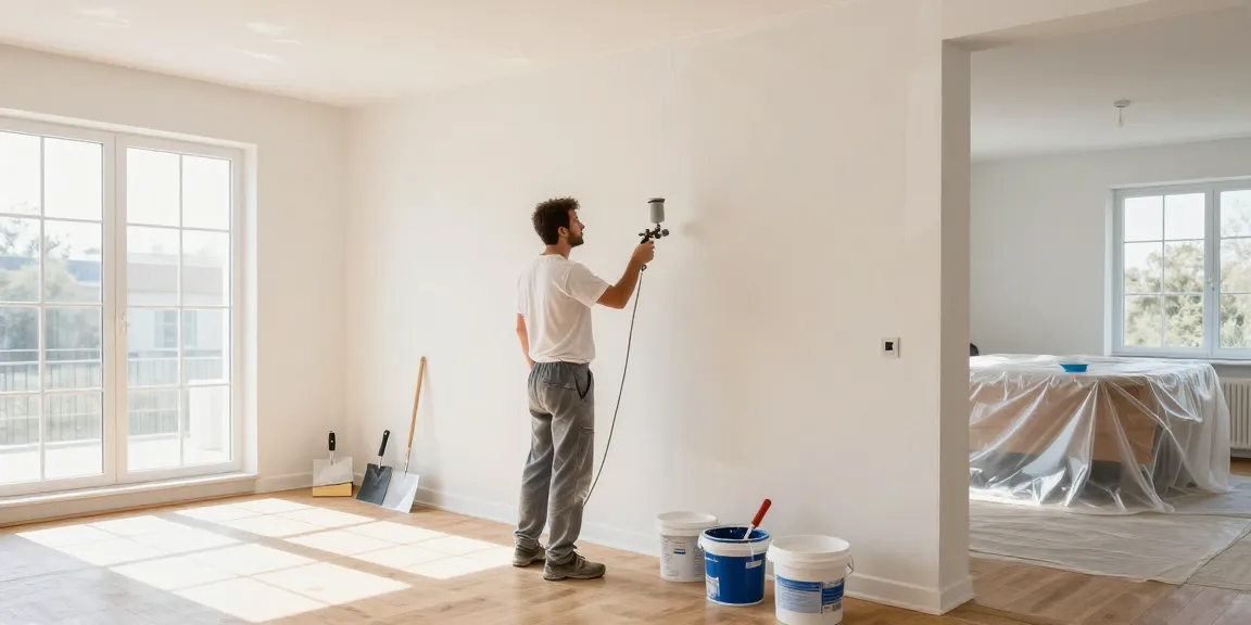 Vakkundige stukadoor die gladde pleister aanbrengt in een goed verlichte binnenhuisverbouwing.