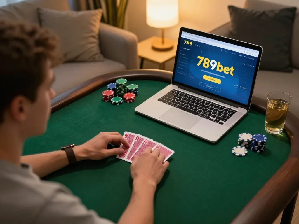 Player engaged in an online poker game showcasing p789bet's features at home