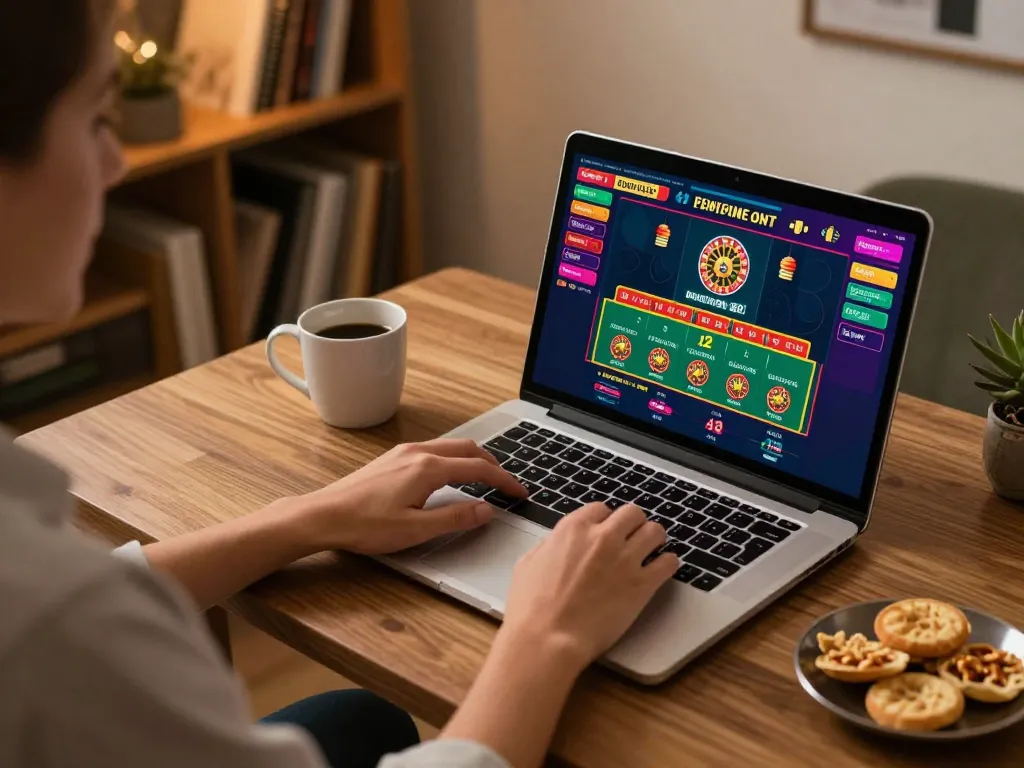 Engaging online gaming session at home, enjoying Fun88 com with a virtual blackjack table displayed