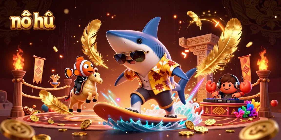 Engage in nổ hũ excitement as a shark surfs coins around vibrant characters in a dynamic casino scene.