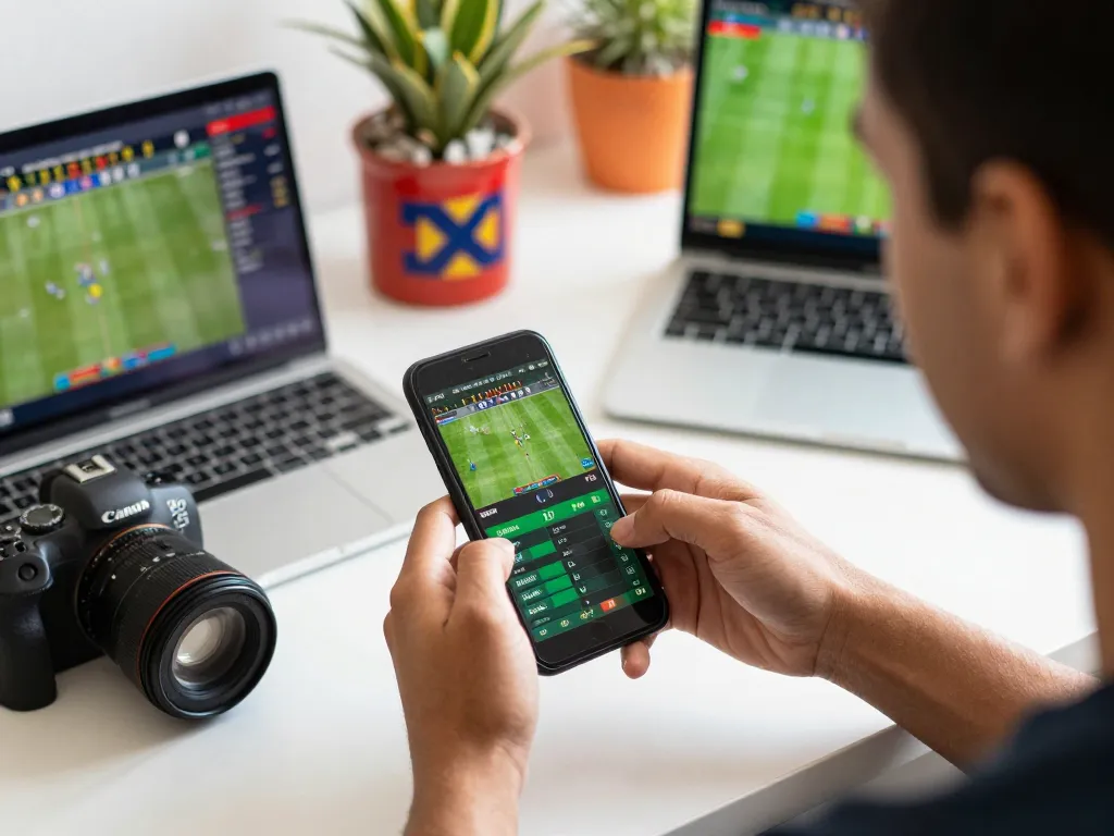 Person actively engaging in sports betting on their smartphone using xoilactv39 live match updates in a vibrant setting.