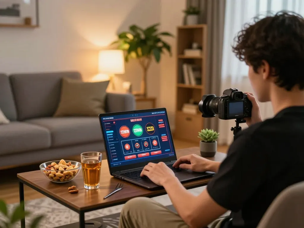 Engaging with 13WIN casino games in a cozy home gaming setup showcasing a laptop and snacks.