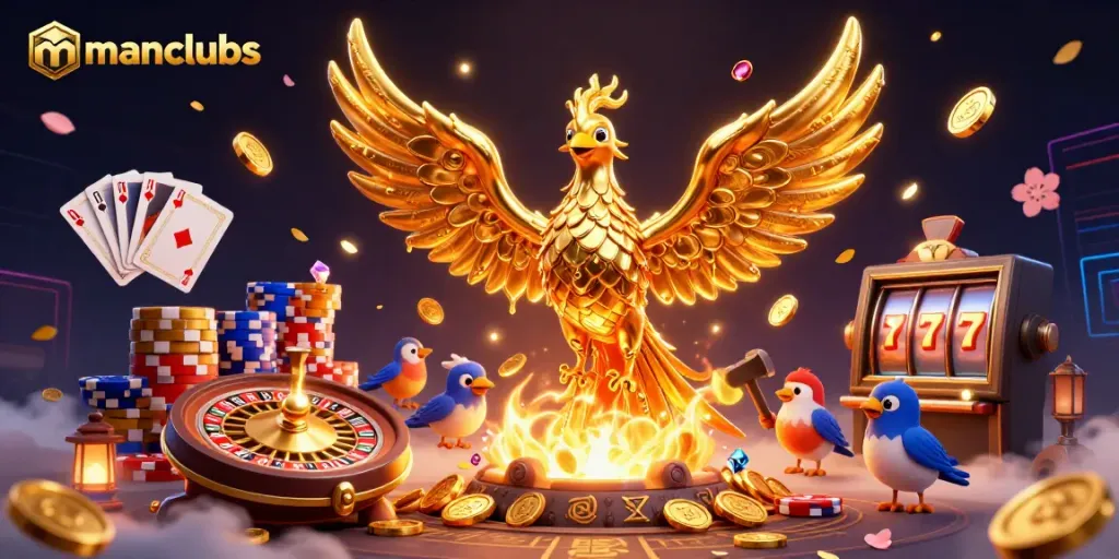 Experience thrilling wins with manclubs featuring a molten phoenix, coins, and slot machines lighting up the game scene.
