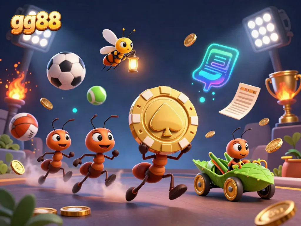 Engage with gg88 while a cartoon team of ants manages a daring heist for a giant poker chip, surrounded by sports elements.