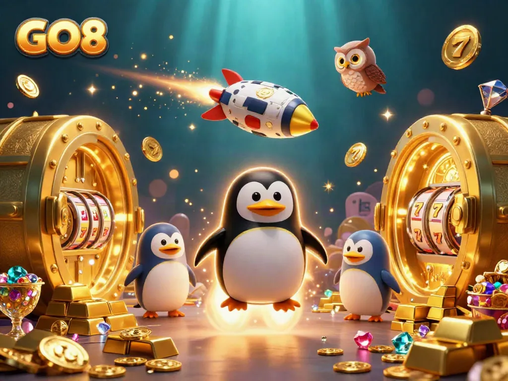 Experience the excitement of GO8 with a golden penguin racing towards a dynamic casino space station.