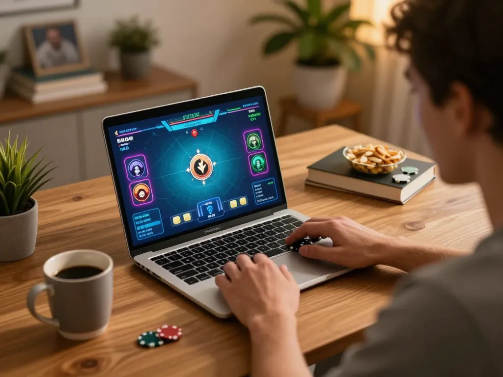 Engaging online poker gameplay at trang chủ 888new, showcasing a focused player at home with snacks and a vibrant interface.
