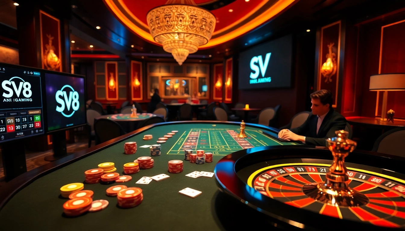 Engaging gamblers in action with SV 388 at a stylish casino gaming table filled with poker chips and cards.