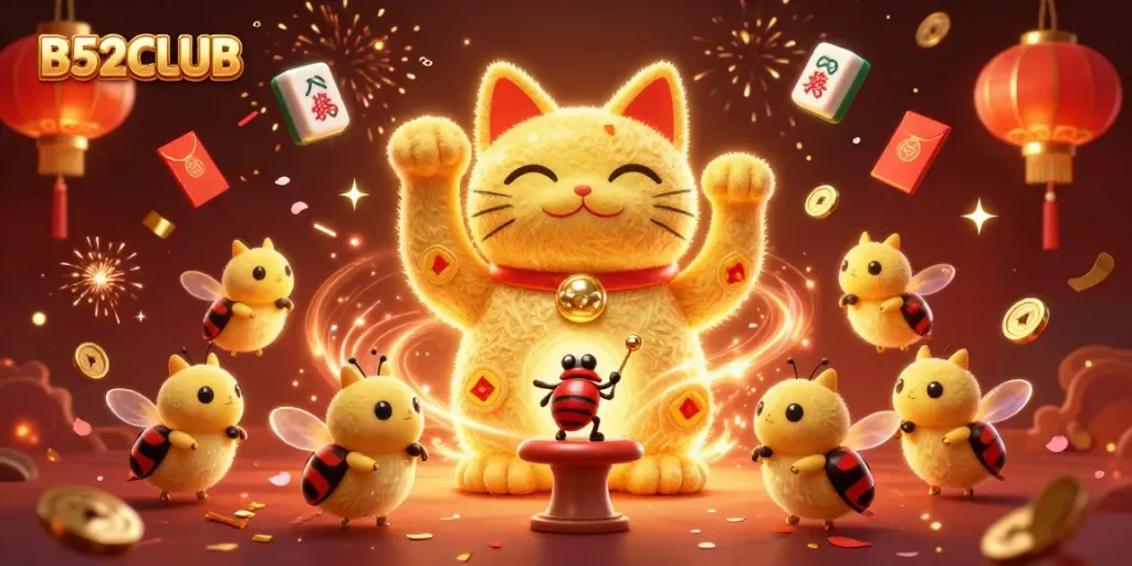 Engage in exhilarating gameplay at B52CLUB with vibrant casino elements and a lucky cat symbolizing fortune.